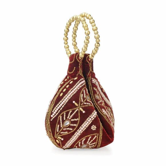 Embroidered Velvety Leaf Pattern Potli Maroon - Picture 2 of 3